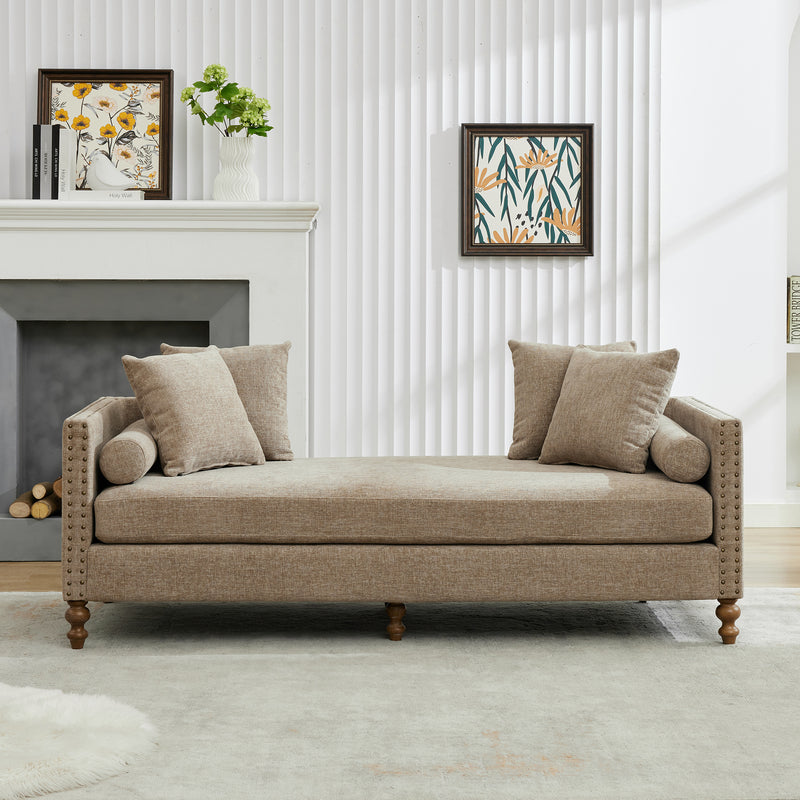 75.2'' Wide Upholstered Chaise Lounge Indoor with Nailheads, Sleeper Sofa Couch With 4 Throw Pillows&2 Bolsters, Daybed with Rubberwood Legs For Living Room, Bedroom, Apartment, Guestroom, Taupe Chenille