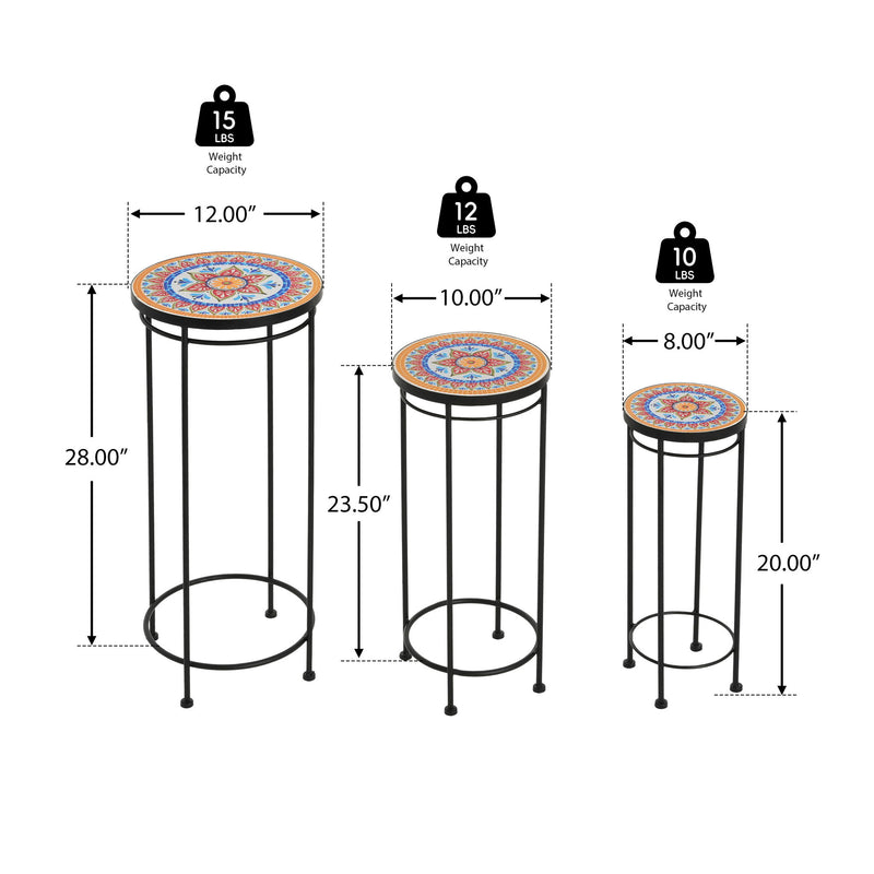 Black metal plant stand size chart with three round mosaic tops and dimension lines