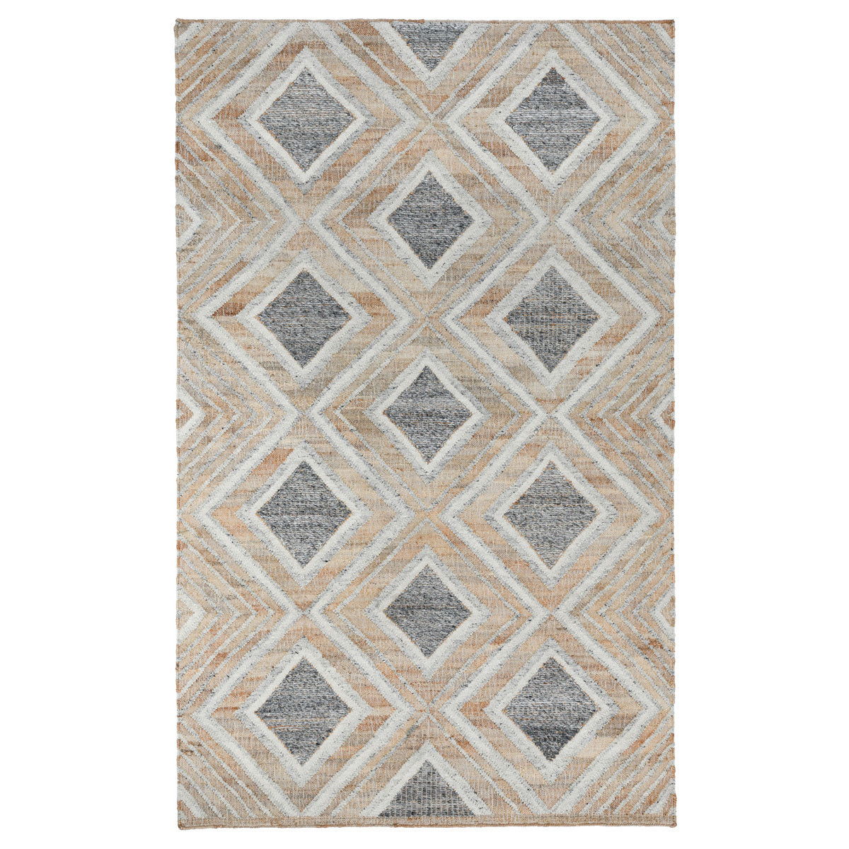 Blue multi rug with an all-over geometric diamond pattern in light beige and grays