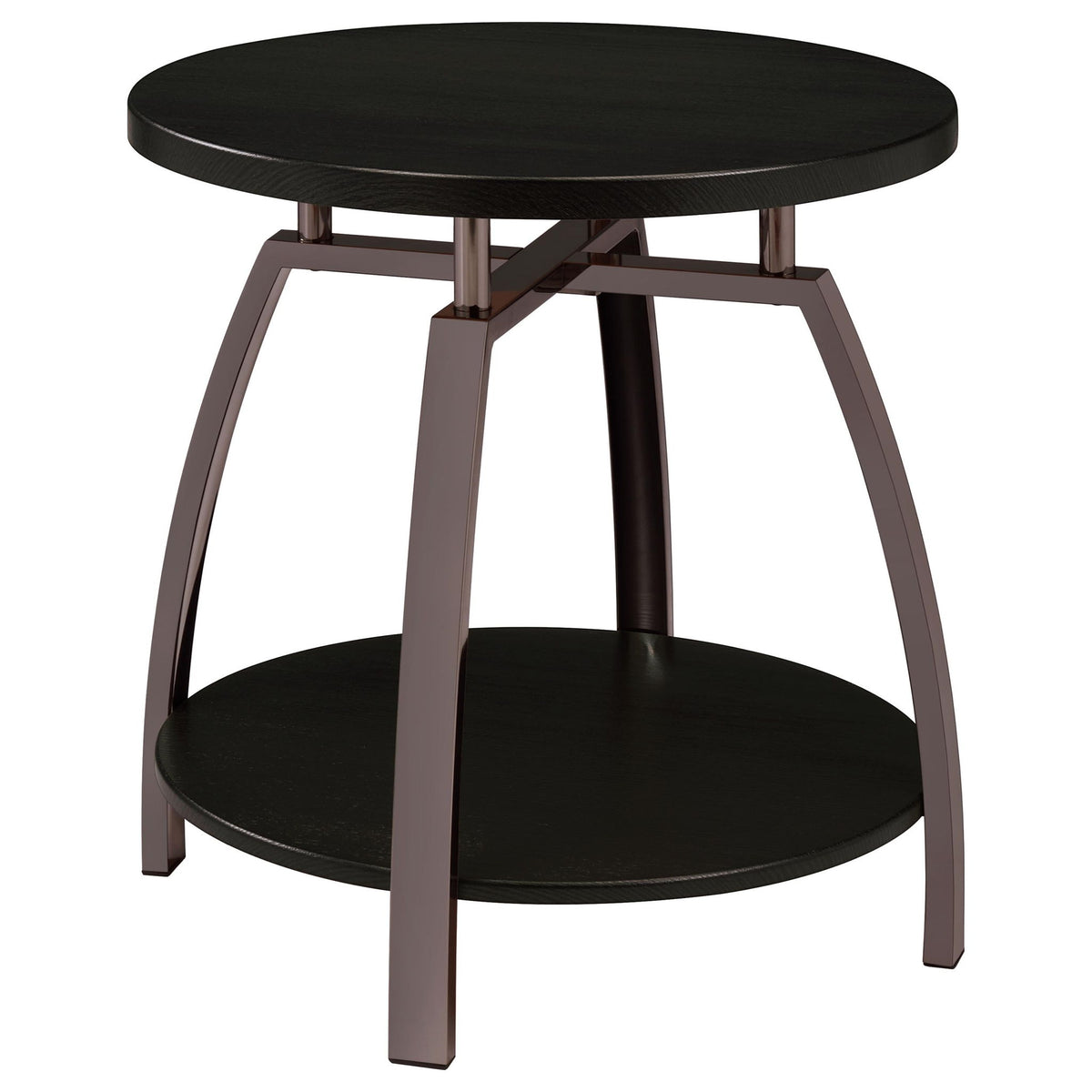 Charcoal round coffee table with two-tier shelves and dark metal frame