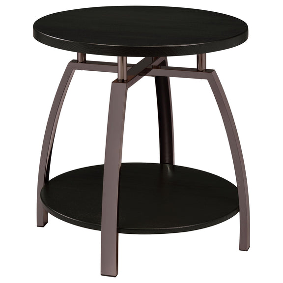Charcoal round coffee table with two-tier shelves and dark metal frame