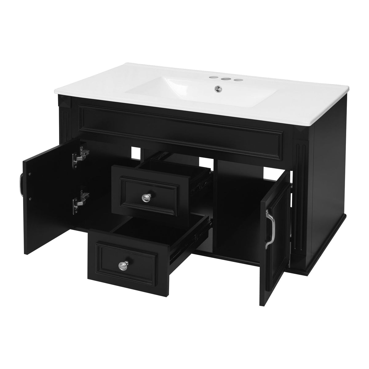 Black wall-mounted bathroom vanity cabinet with white sink, open drawers and cabinet doors