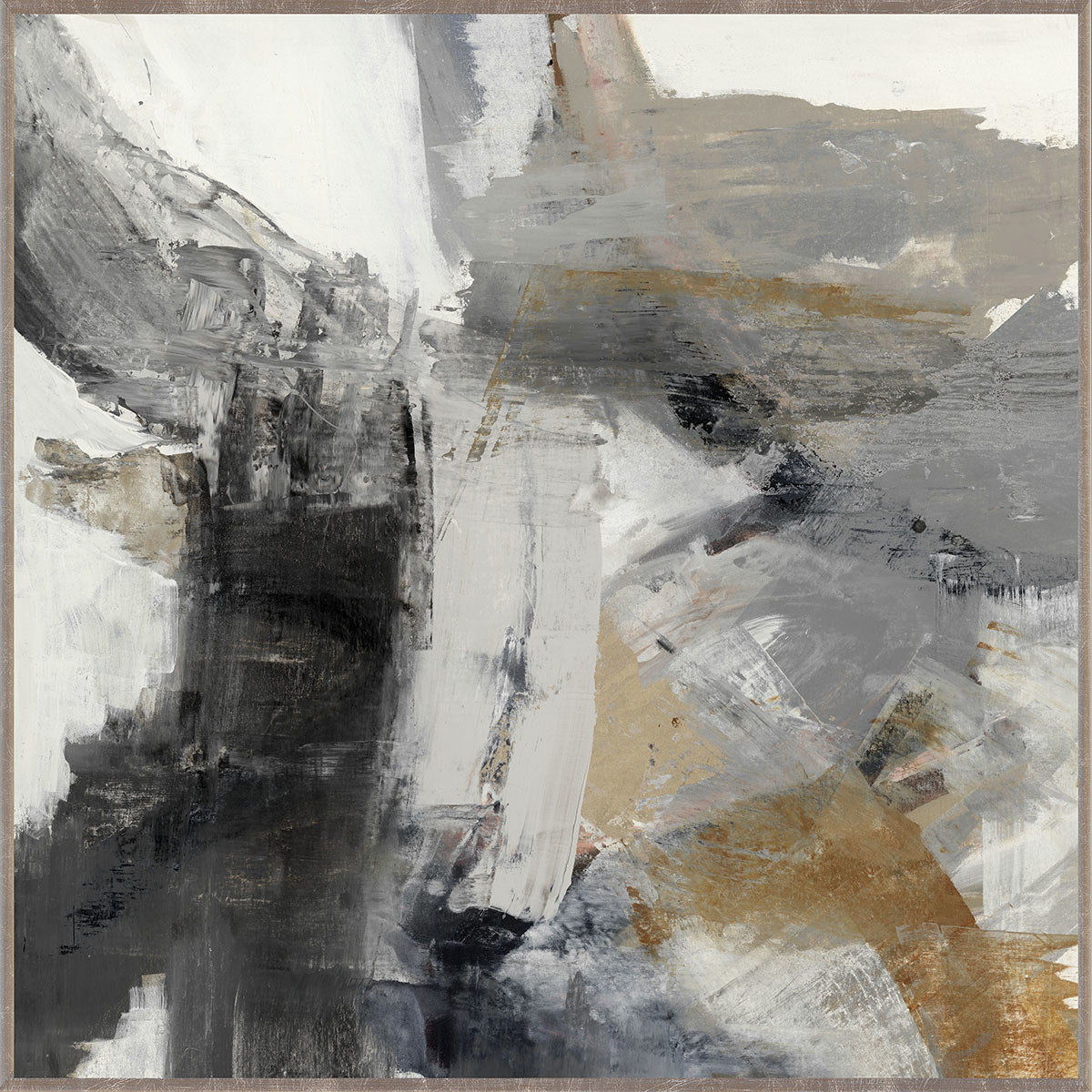 Framed abstract wall painting with grey, white, and gold-toned brushstrokes