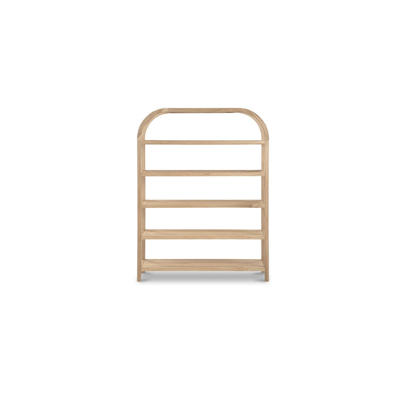 Natural wood bookcase with rounded top and four open shelves