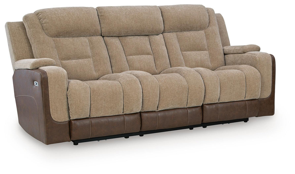 Beige power reclining sofa with padded adjustable headrests and armrests