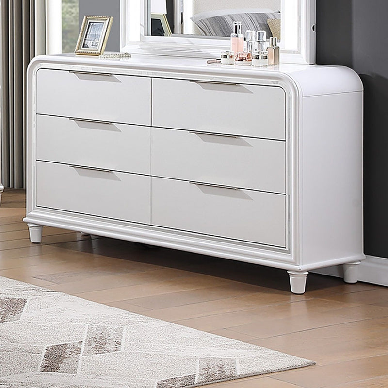 White 6-drawer dresser with chrome edging, low legs, and long silver bar handles