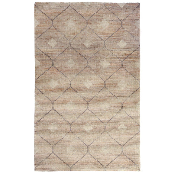 Natural-tone rug with geometric diamond pattern and textured short pile.