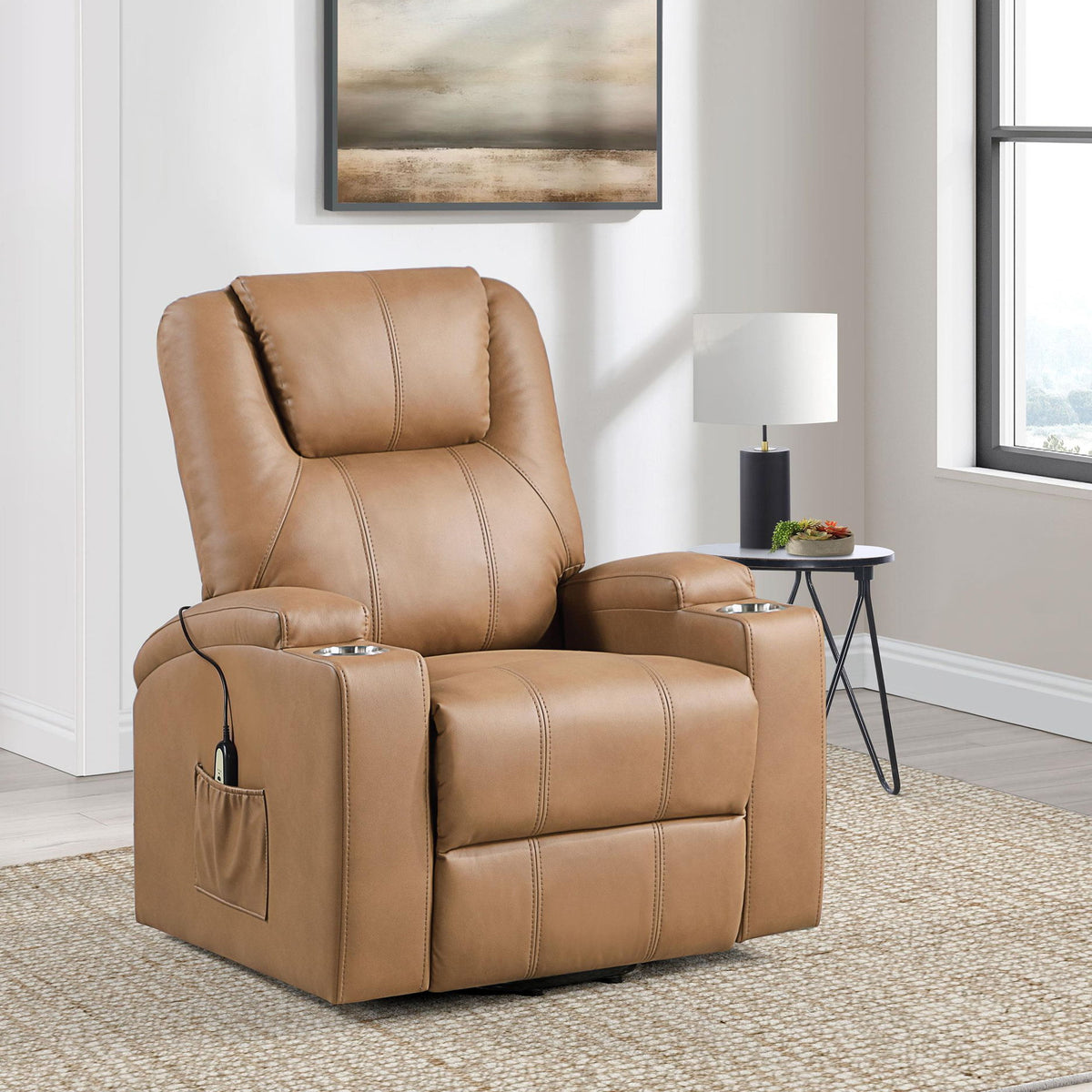 Armstrong Upholstered Power Lift Massage Recliner Camel