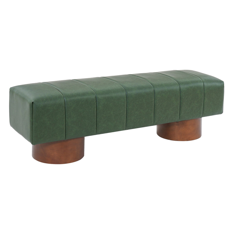 Green upholstered dining bench with tufted cushion and rounded wooden legs
