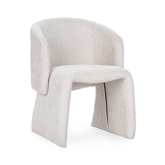 Upholstered dining chair in light cream fabric, curved arms and arched back