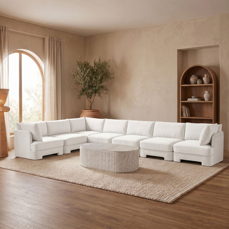 White velvet performance fabric 7-piece sectional sofa with chaise and boxy armrests