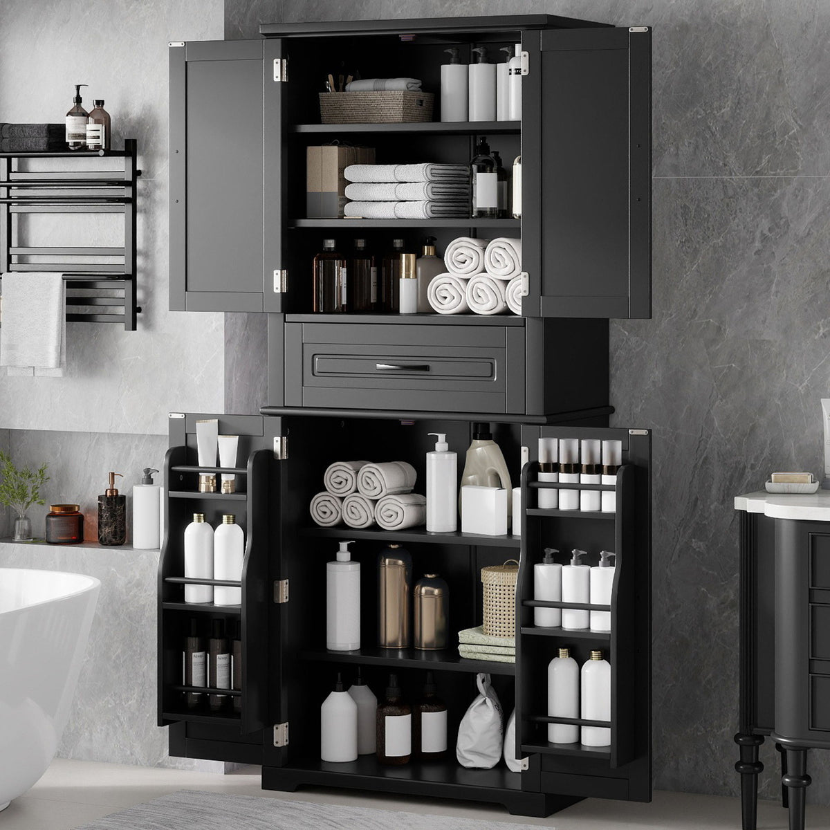 Black bathroom storage cabinet open with shelves, drawer, and side storage racks