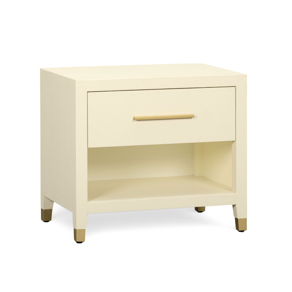 Cream nightstand with drawer front and open cubby, gold-tone handle, front view.