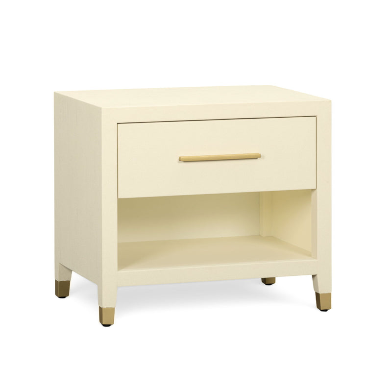 Cream nightstand with drawer front and open cubby, gold-tone handle, front view.