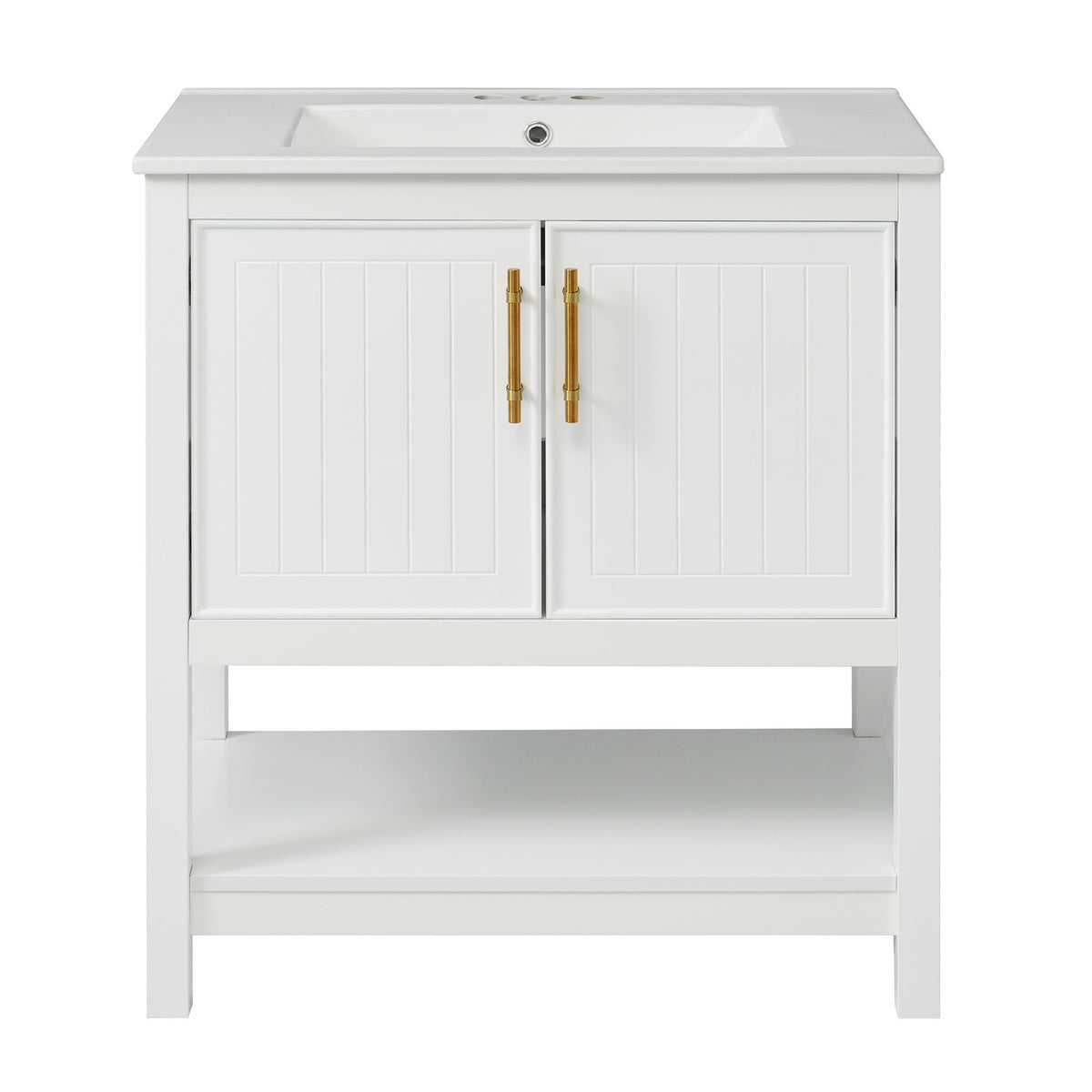 White bathroom vanity cabinet with ceramic sink and two-door storage