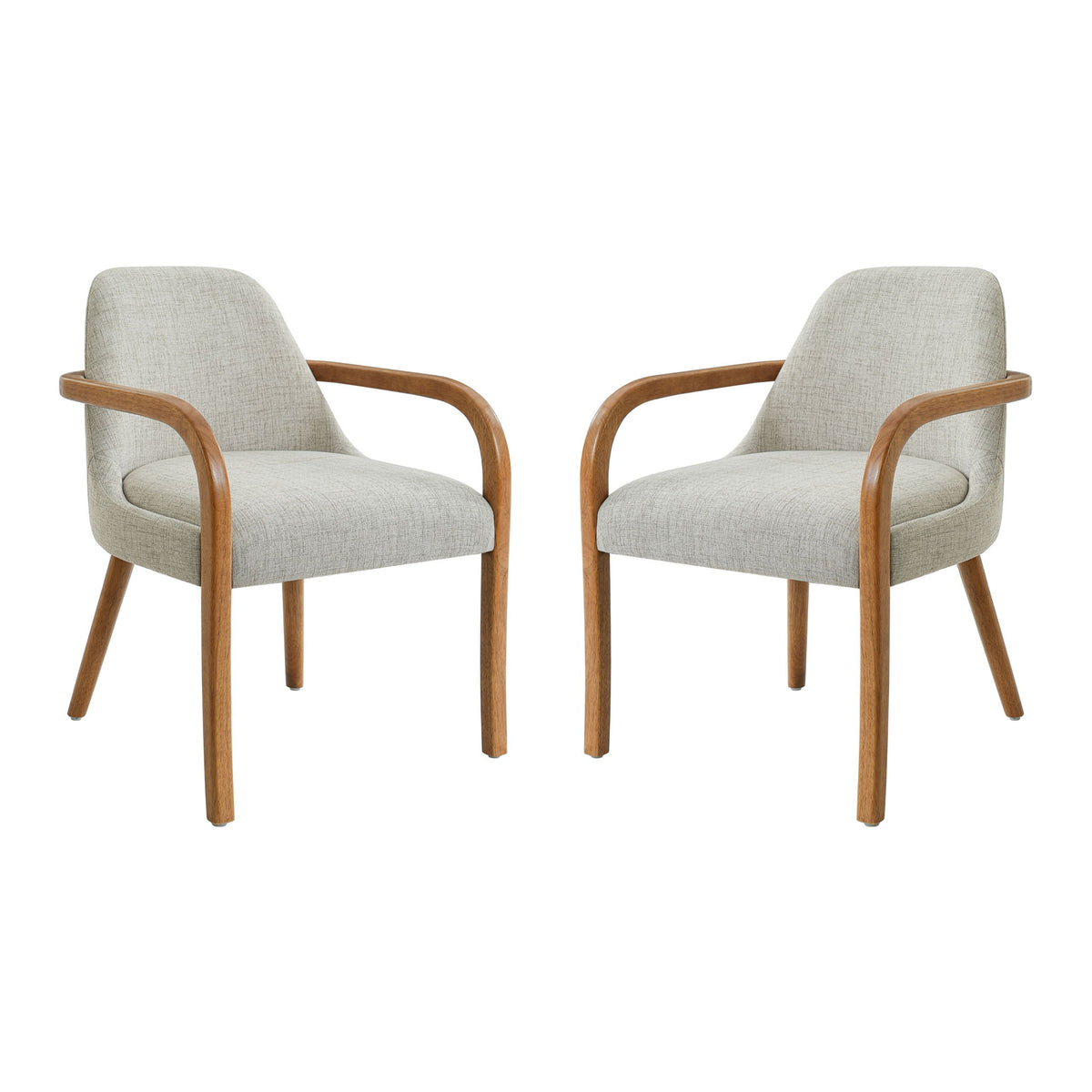 Set of 2 light beige upholstered dining armchairs with curved wood arms and tapered legs