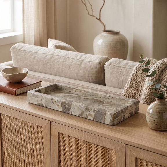 Speckled marble tray with raised rim, rectangular shape