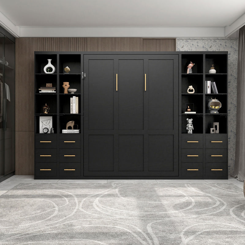 Vertical Murphy wall bed cabinet with dark doors and built-in shelves, folded out