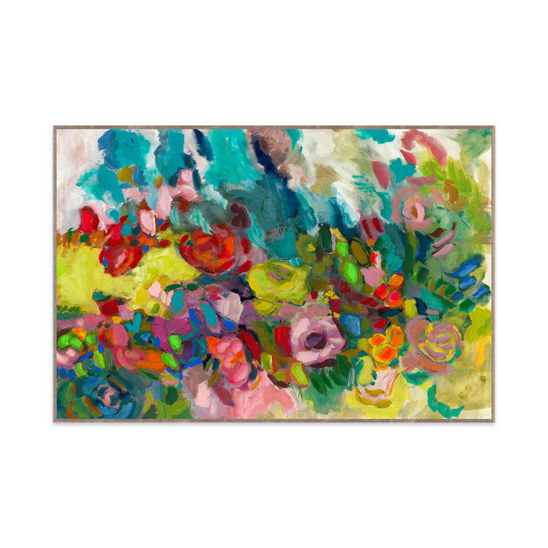 Abstract framed painting showing colorful layered strokes in blue, green, pink, and yellow