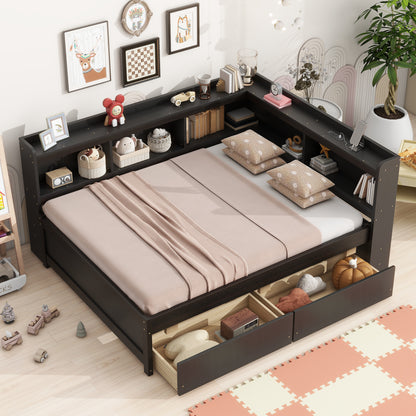 Full Size L-shaped Bookcases Bed with Power Outlets, USB Charging Ports, Two Drawers, Espresso