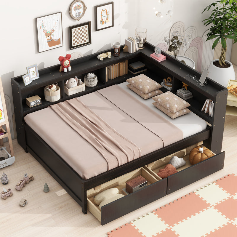 Full Size L-shaped Bookcases Bed with Power Outlets, USB Charging Ports, Two Drawers, Espresso