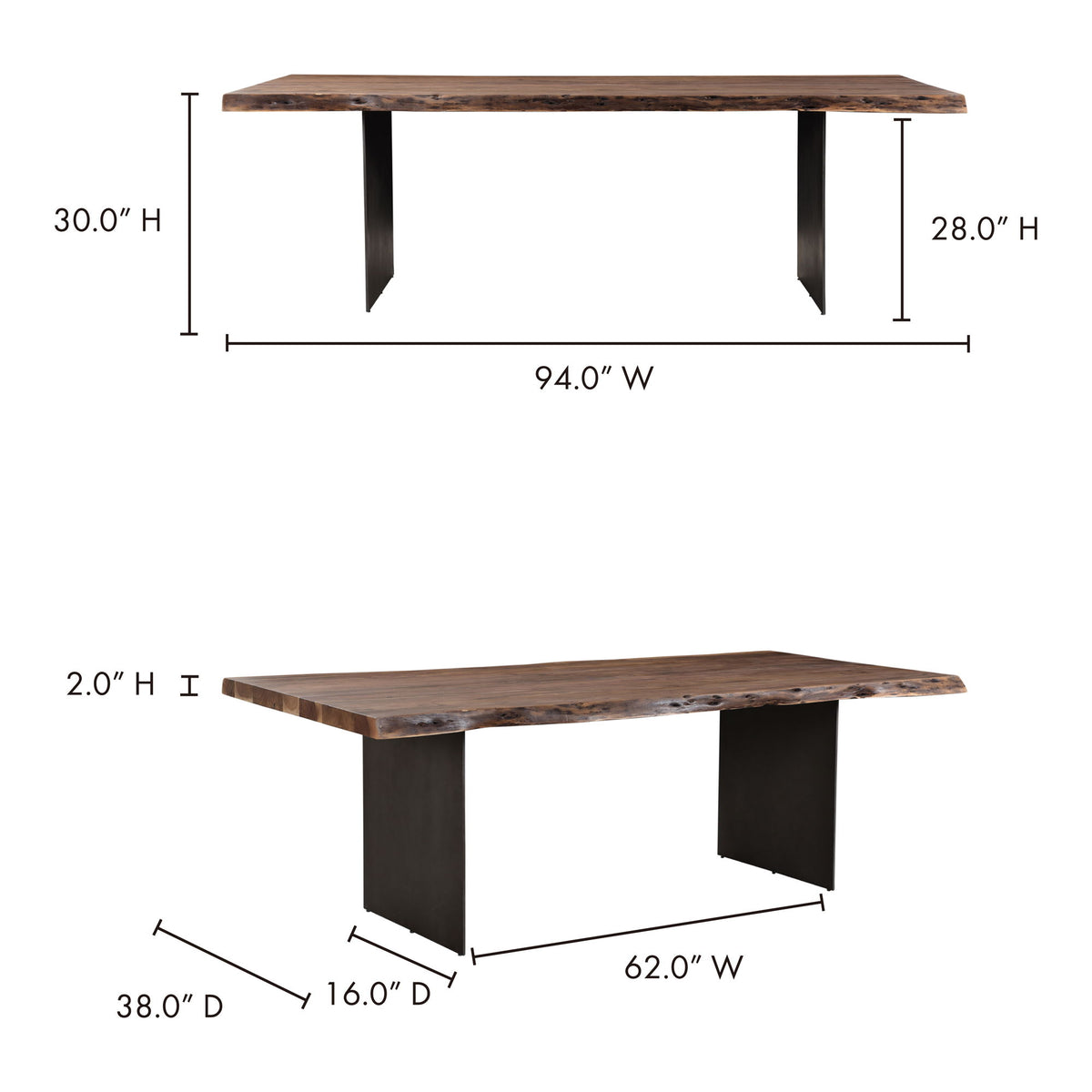Wood dining table with dark legs, 94.0 in wide and 30.0 in high