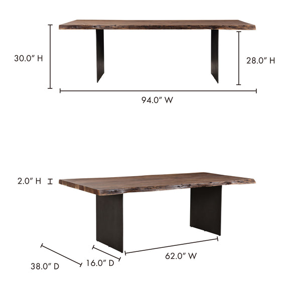 Wood dining table with dark legs, 94.0 in wide and 30.0 in high