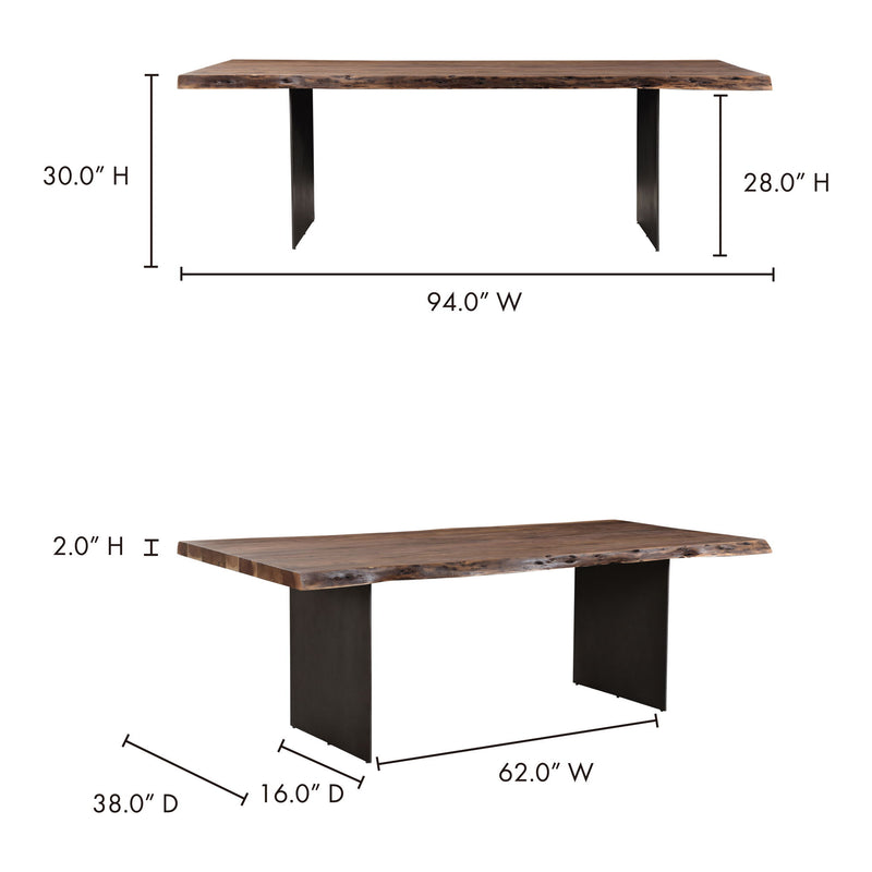 Wood dining table with dark legs, 94.0 in wide and 30.0 in high
