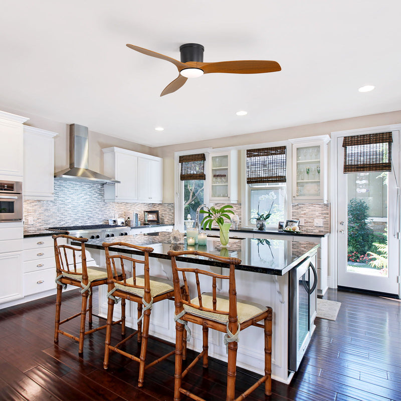 Flush-mount ceiling fan with 3 wood reversible blades and round frosted light