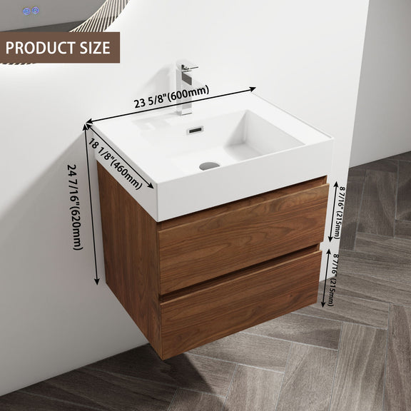 Wall-mounted bathroom vanity set with white sink and faucet; dark brown base with two drawers