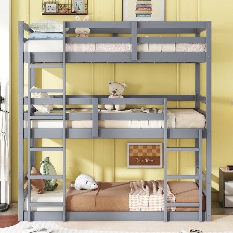 Triple Rubber Wood Bunk Bed with Two Built-in Ladders, Guardrails, Twin over Twin over Twin, Detachable Triple Twin Bunk Bed, Grey