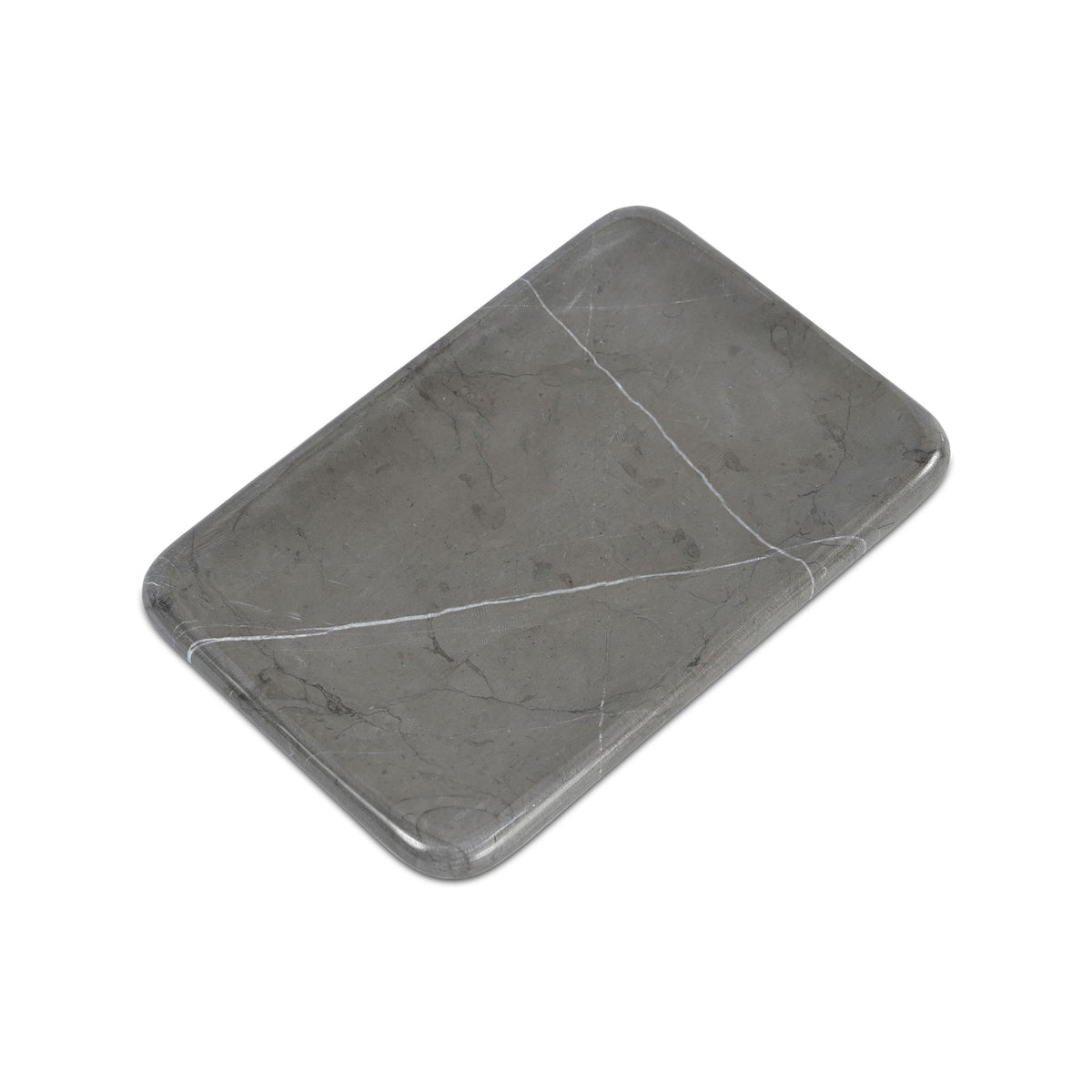 Gray marble catchall tray with diagonal white veining and beveled corners