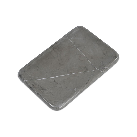 Gray marble catchall tray with diagonal white veining and beveled corners