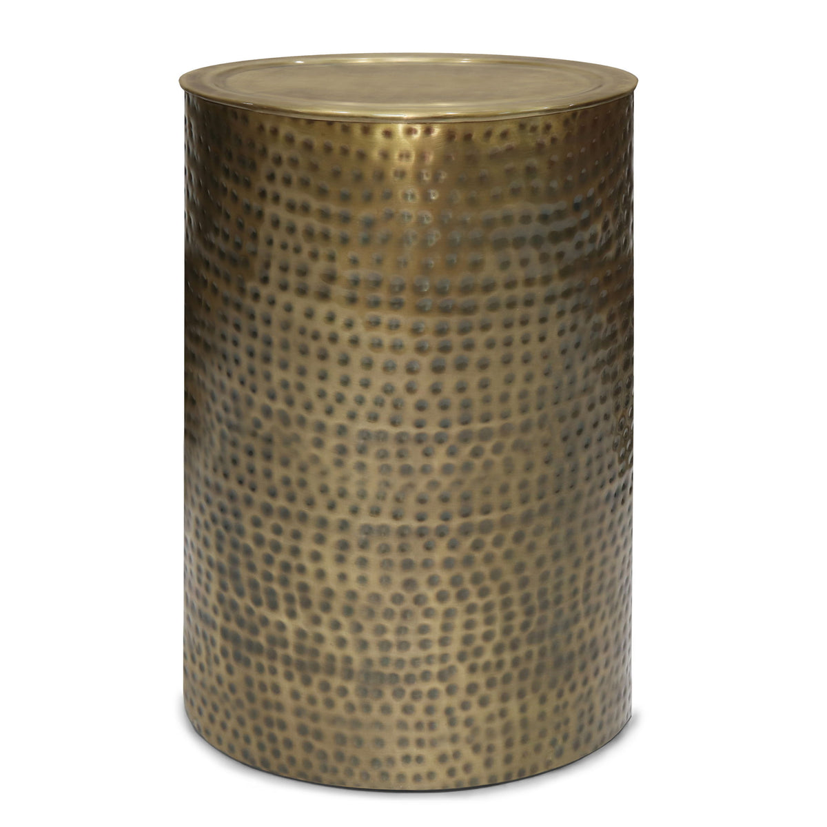 Corbin hammered metal side table, gold cylindrical drum with hammered dot pattern
