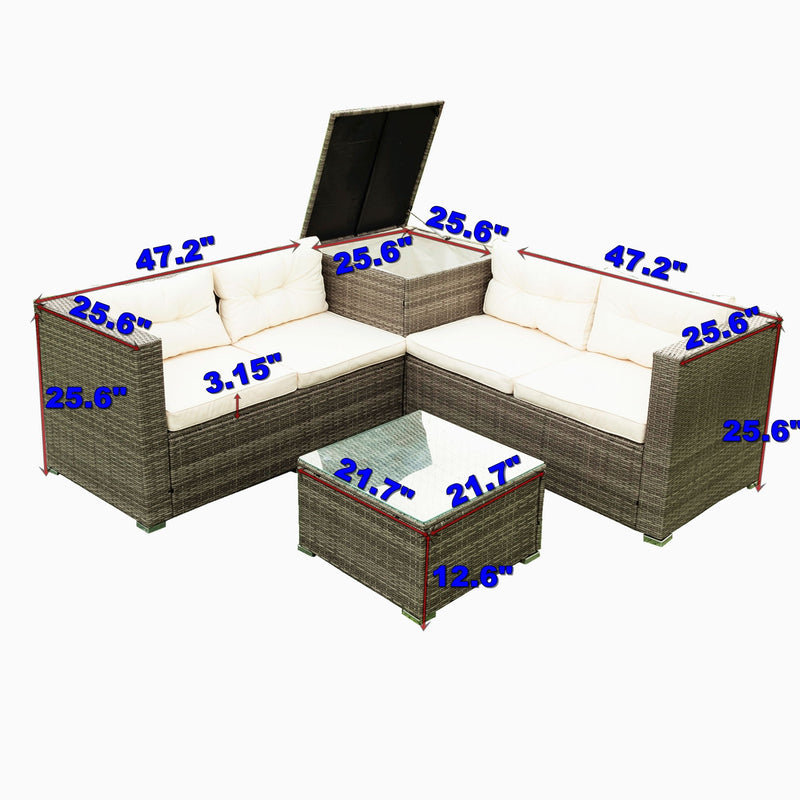 4 Piece Patio Sectional Wicker Rattan Outdoor Furniture Sofa Set With Storage Box