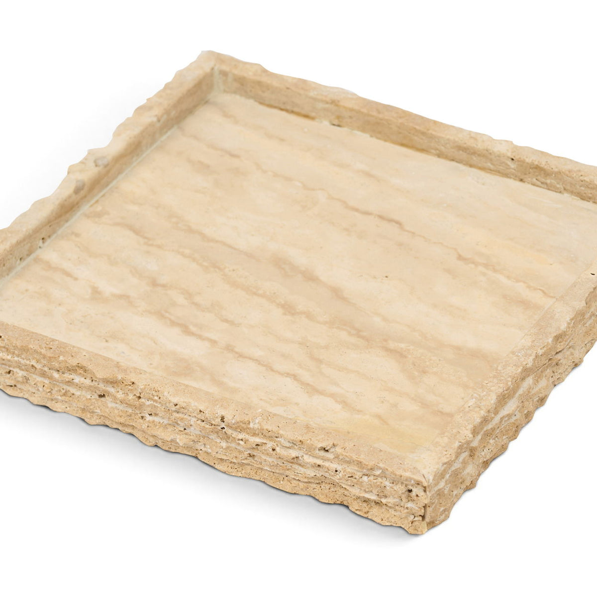Beige travertine tray, square with textured edges and low raised rim.