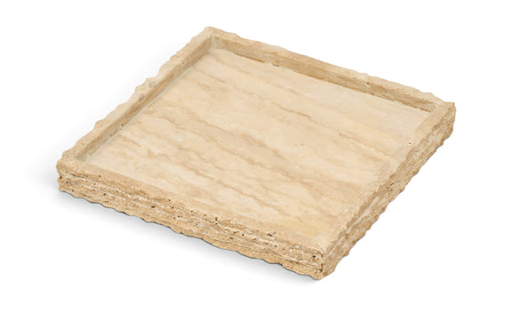 Beige travertine tray, square with textured edges and low raised rim.
