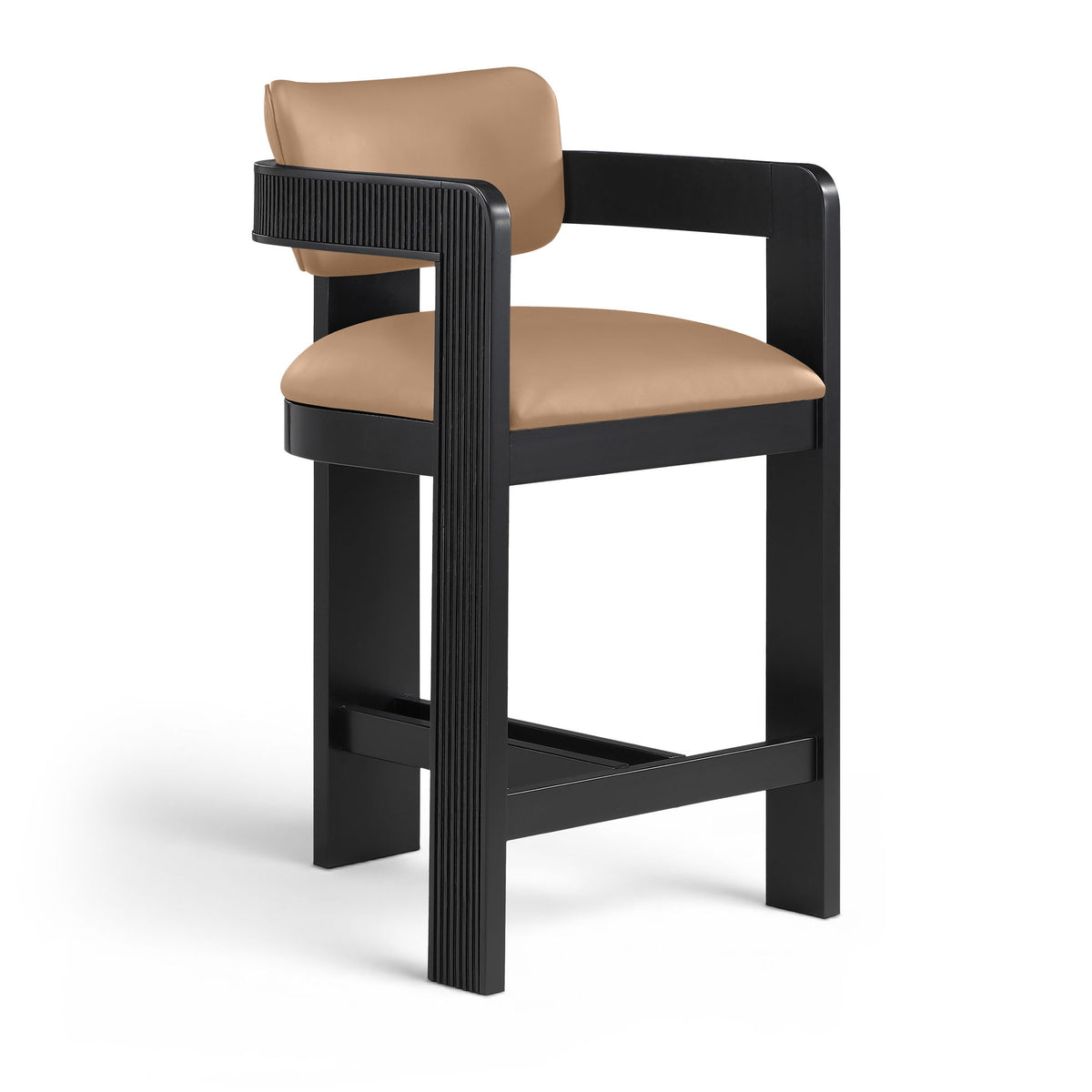 Light brown vegan leather counter stool with padded seat, fluted back panel, black frame