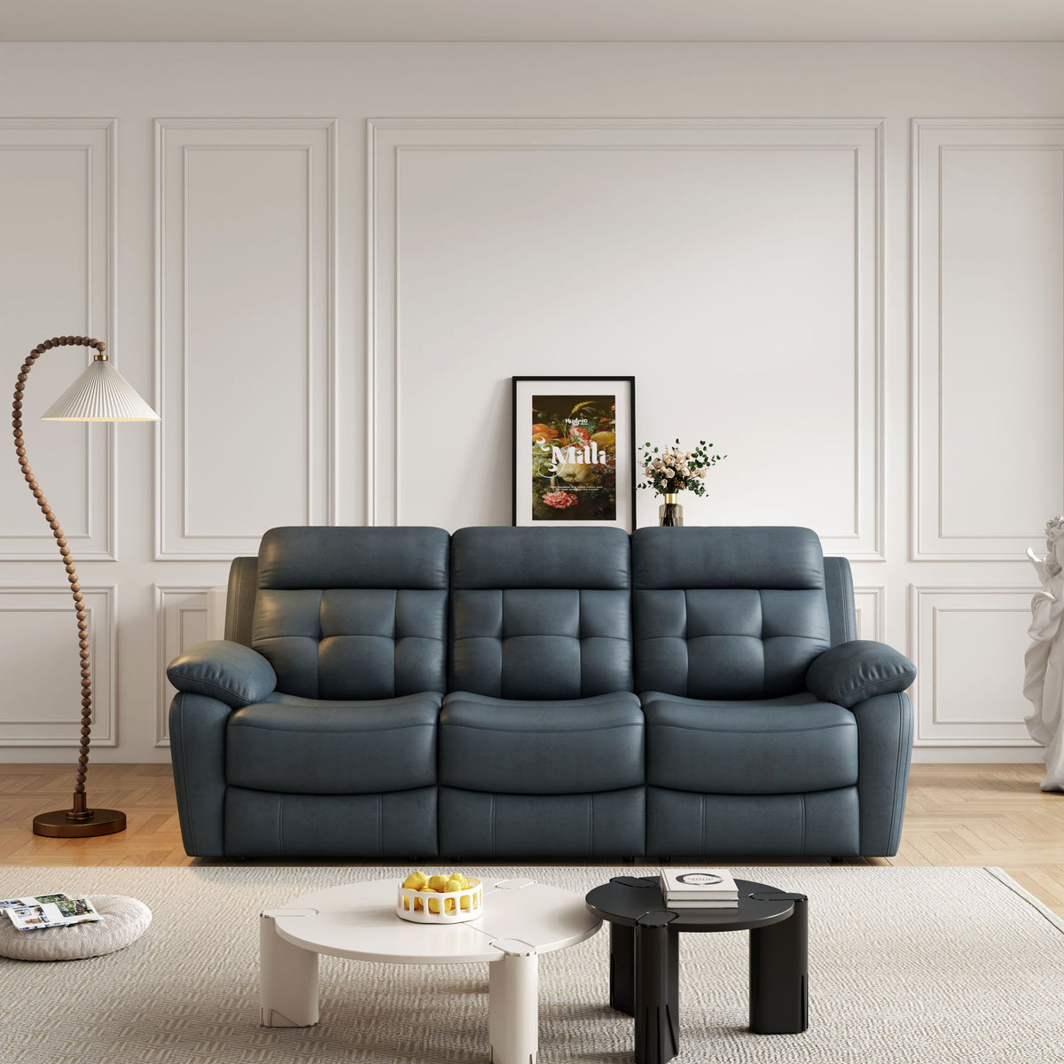 Genuine Leather Non Power Reclining Sofa With Drop Down Table, Stainless Steel Cupholders And Magazine Bag