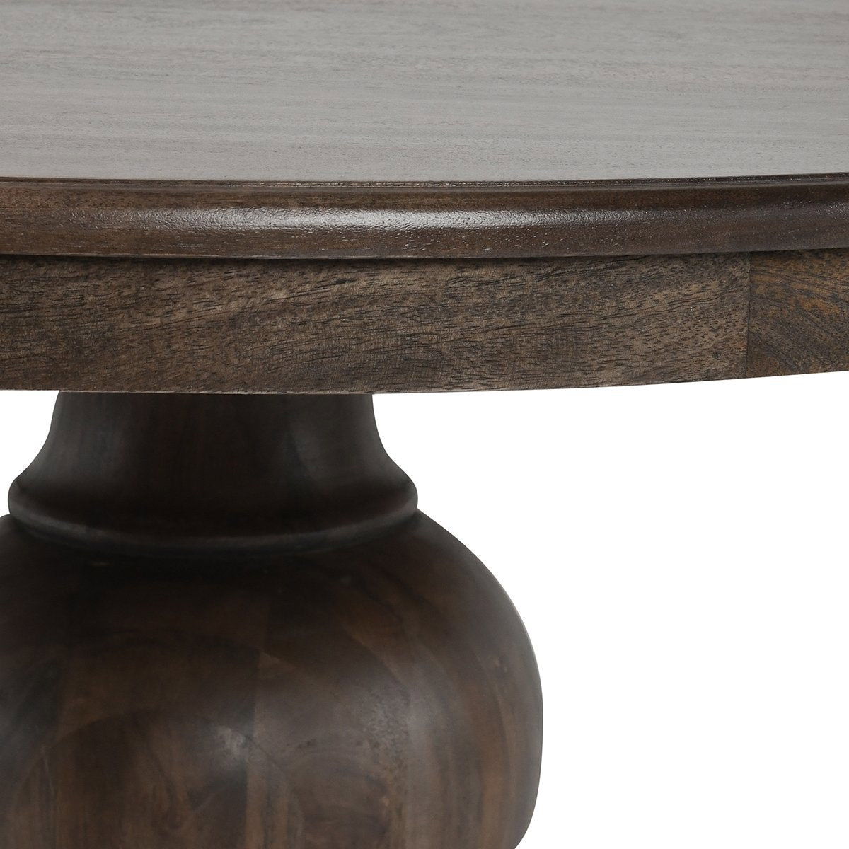 Dark brown turned pedestal base with tabletop edge for round dining table