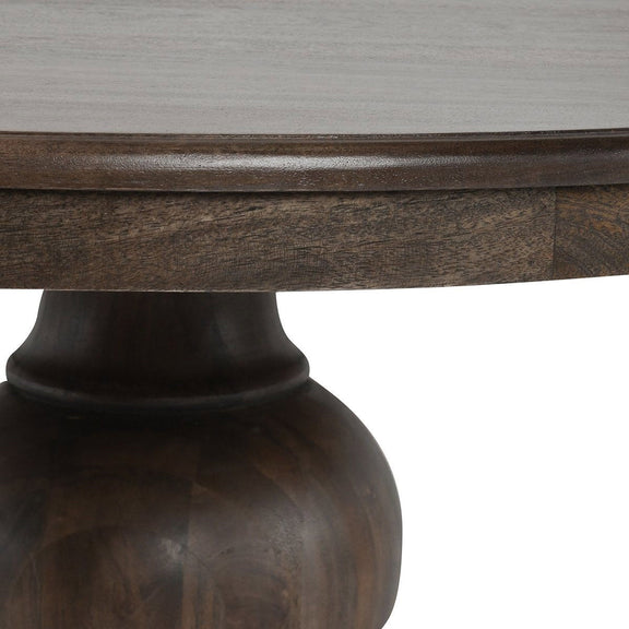 Dark brown turned pedestal base with tabletop edge for round dining table