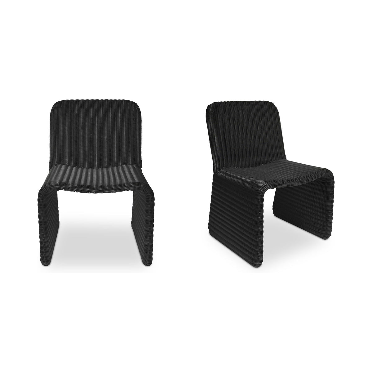 Set of 2 charcoal outdoor dining chairs with ribbed woven upholstery and curved armrests
