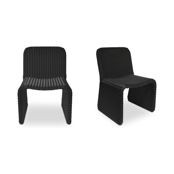 Set of 2 charcoal outdoor dining chairs with ribbed woven upholstery and curved armrests