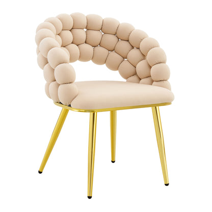 Beige bubble tufted accent chair with scalloped arms and gold metal legs