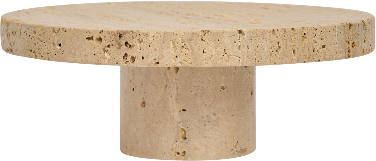 Beige genuine travertine tray with round top and pedestal base
