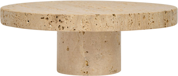 Beige genuine travertine tray with round top and pedestal base