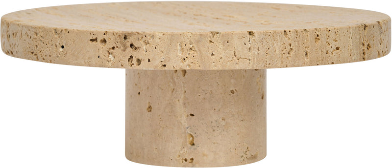 Beige genuine travertine tray with round top and pedestal base