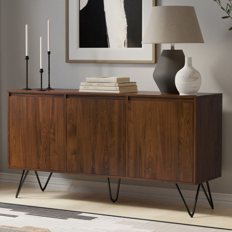 Walnut 3-door sideboard buffet with black metal legs and flat top