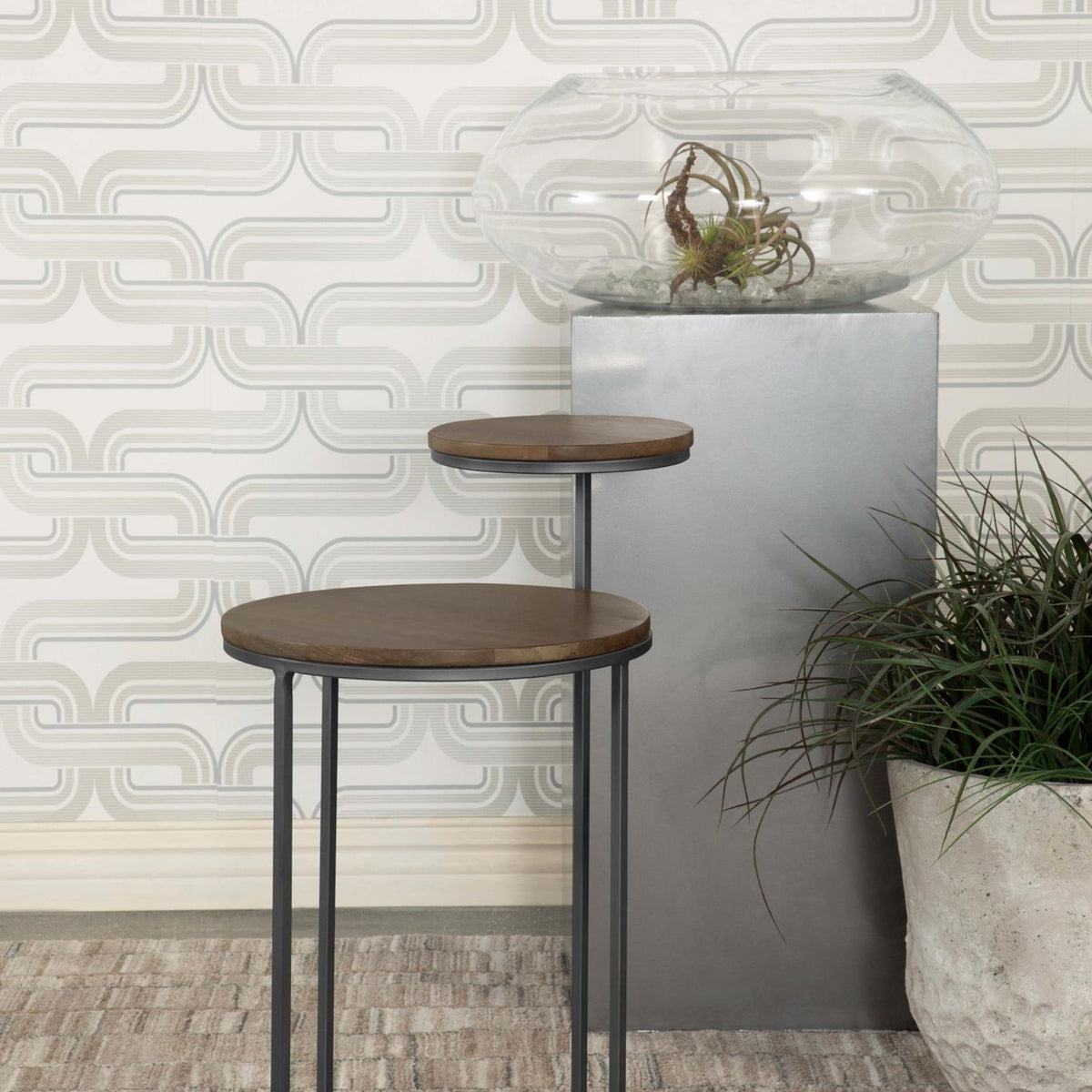 Yael Round Mango Wood Accent Side Table Natural and Gunmetal