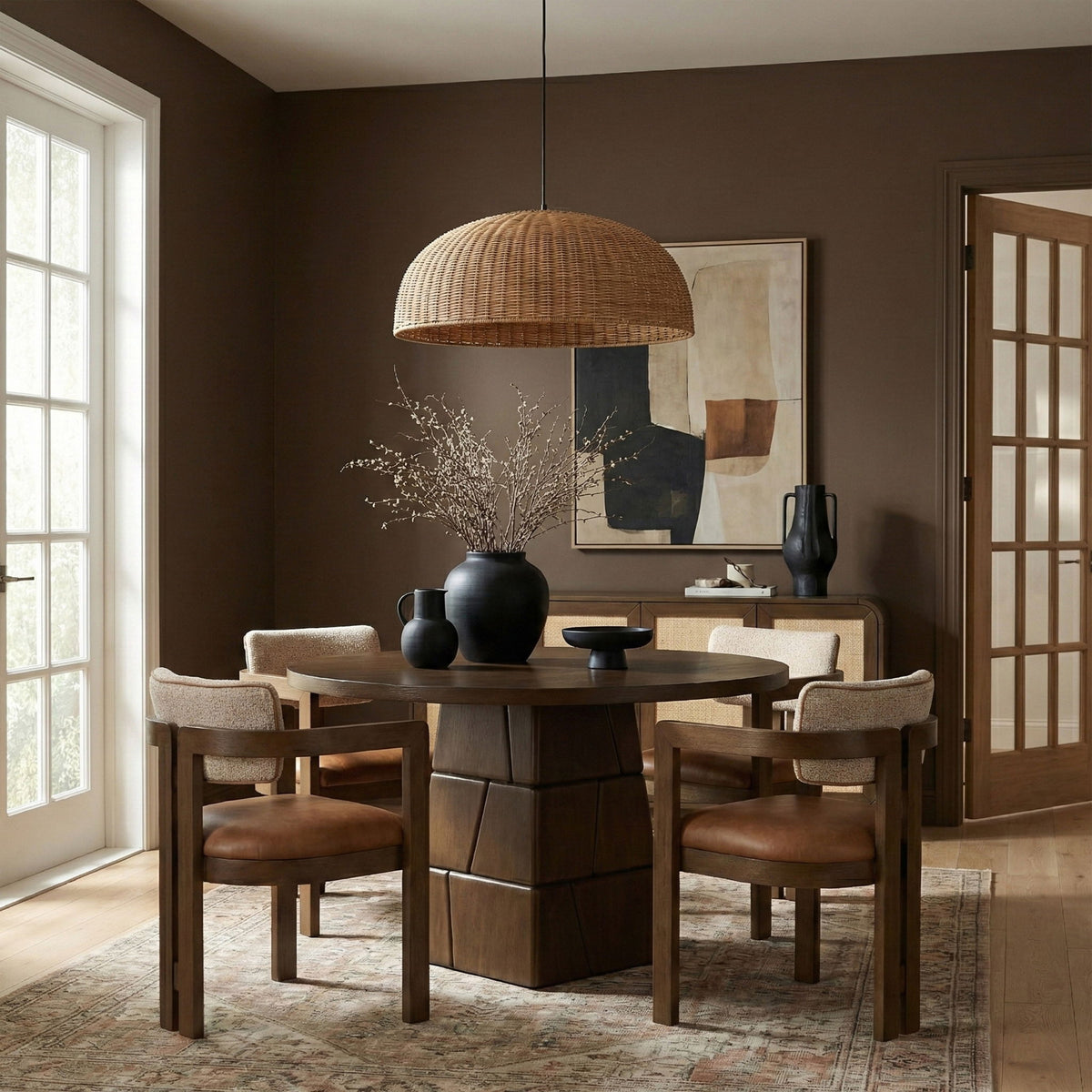 Dark brown round dining table with block pedestal and matching upholstered chairs in room
